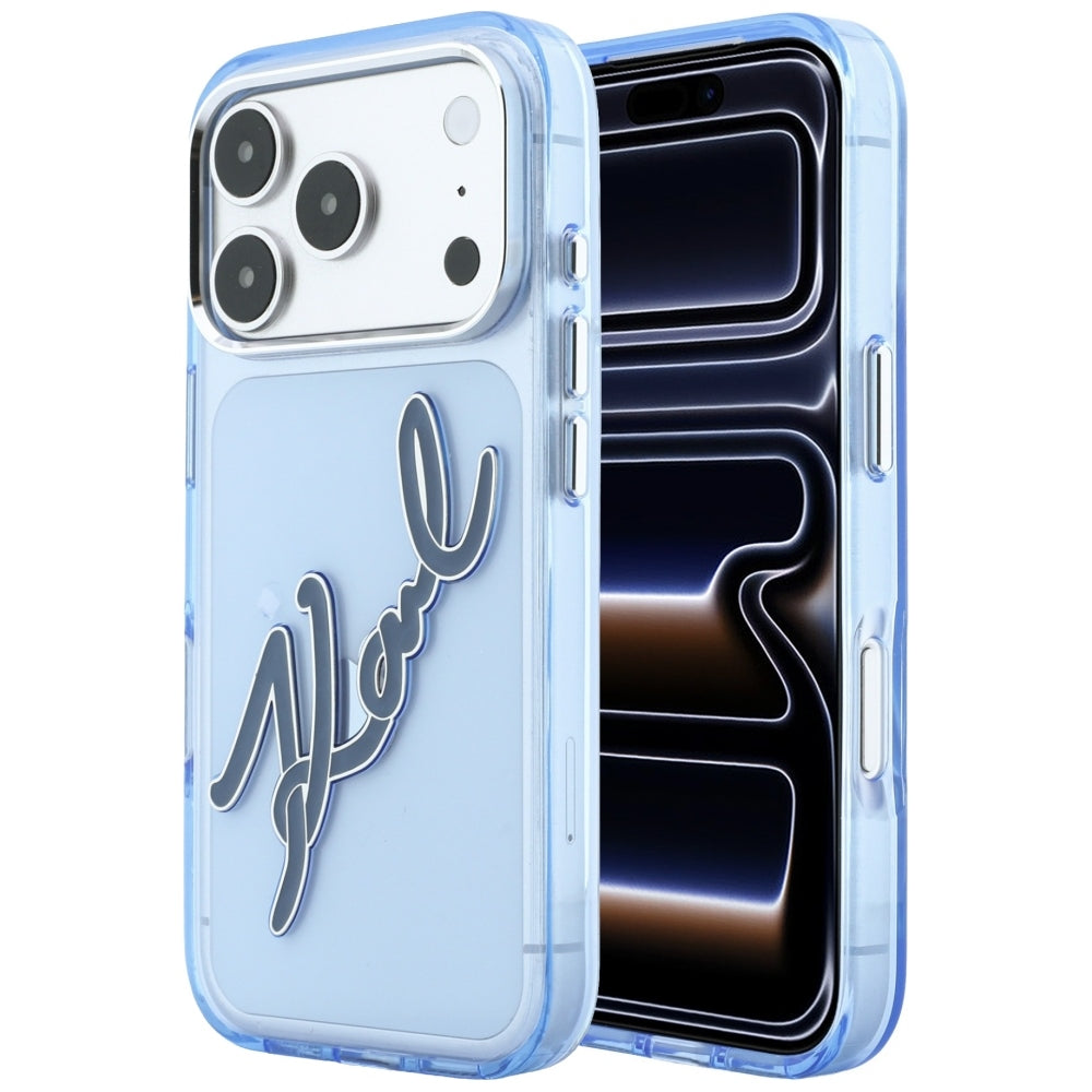 Θήκη για Apple iPhone 18 Pro / 17 Pro, Karl Lagerfeld, IML Big Signature Resin Logo και Μεταλλικό Πλαίσιο, Μπλε