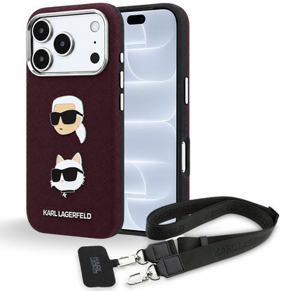 Θήκη για Apple iPhone 18 Pro / 17 Pro, Karl Lagerfeld, Saffiano Crossbody Karl & Choupette Head's Pins Logo, Μπορντό