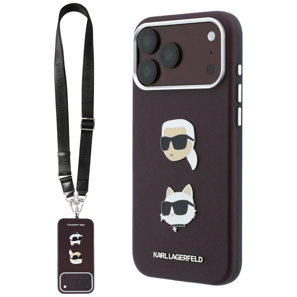 Θήκη για Apple iPhone 18 Pro / 17 Pro, Karl Lagerfeld, Saffiano Crossbody Karl & Choupette Head's Pins Logo, Μπορντό