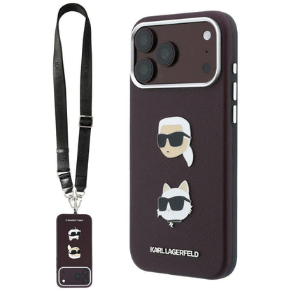 Θήκη για Apple iPhone 18 Pro / 17 Pro, Karl Lagerfeld, Saffiano Crossbody Karl & Choupette Head's Pins Logo, Μπορντό