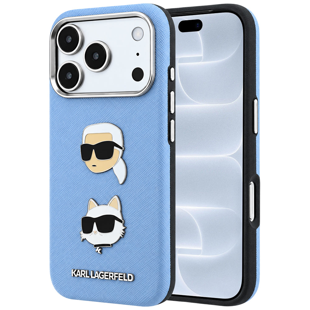 Θήκη για Apple iPhone 18 Pro / 17 Pro, Karl Lagerfeld, Saffiano με καρφίτσα κεφαλής Karl & Choupette και λογότυπο, μπλε