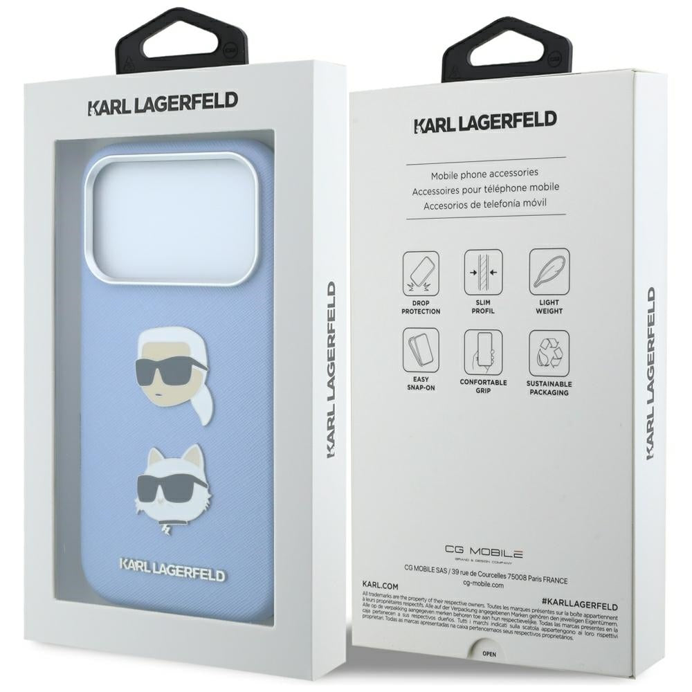 Θήκη για Apple iPhone 18 Pro / 17 Pro, Karl Lagerfeld, Saffiano με καρφίτσα κεφαλής Karl & Choupette και λογότυπο, μπλε