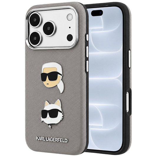 Θήκη για Apple iPhone 18 Pro / 17 Pro, Karl Lagerfeld, Saffiano με καρφίτσα κεφαλής Karl & Choupette και λογότυπο, Γκρι