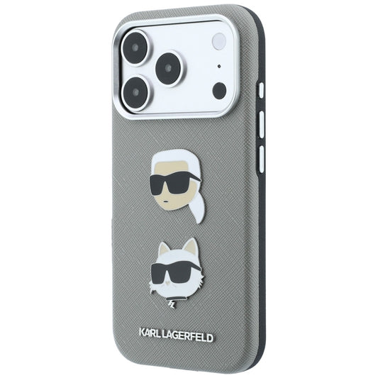 Θήκη για Apple iPhone 18 Pro / 17 Pro, Karl Lagerfeld, Saffiano με καρφίτσα κεφαλής Karl & Choupette και λογότυπο, Γκρι