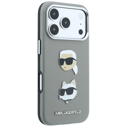 Θήκη για Apple iPhone 18 Pro / 17 Pro, Karl Lagerfeld, Saffiano με καρφίτσα κεφαλής Karl & Choupette και λογότυπο, Γκρι