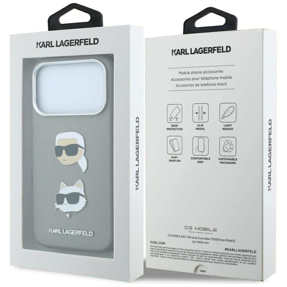 Θήκη για Apple iPhone 18 Pro / 17 Pro, Karl Lagerfeld, Saffiano με καρφίτσα κεφαλής Karl & Choupette και λογότυπο, Γκρι