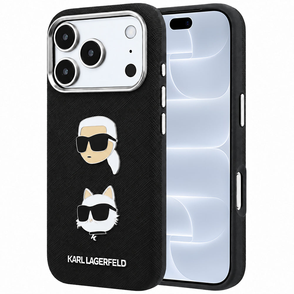Θήκη για Apple iPhone 18 Pro / 17 Pro, Karl Lagerfeld, Saffiano με καρφίτσα κεφαλής Karl & Choupette και λογότυπο, Μαύρη