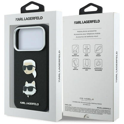 Θήκη για Apple iPhone 18 Pro / 17 Pro, Karl Lagerfeld, Saffiano με καρφίτσα κεφαλής Karl & Choupette και λογότυπο, Μαύρη