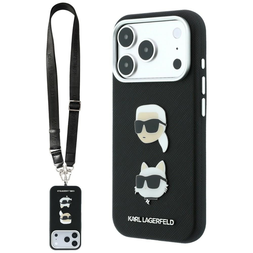 Θήκη για Apple iPhone 18 Pro Max / 17 Pro Max, Karl Lagerfeld, Saffiano Crossbody Karl & Choupette Head's Pins Logo, Μαύρη