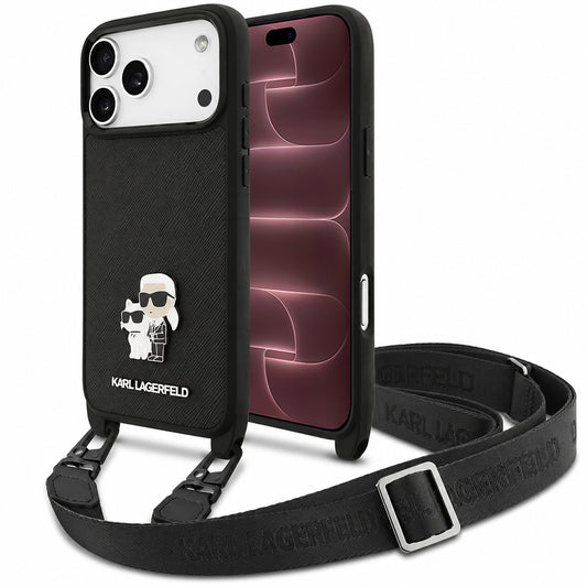 Θήκη για Apple iPhone 18 Pro Max / 17 Pro Max, Karl Lagerfeld, Saffiano Crossbody Metal Pin Karl & Choupette, Μαύρη