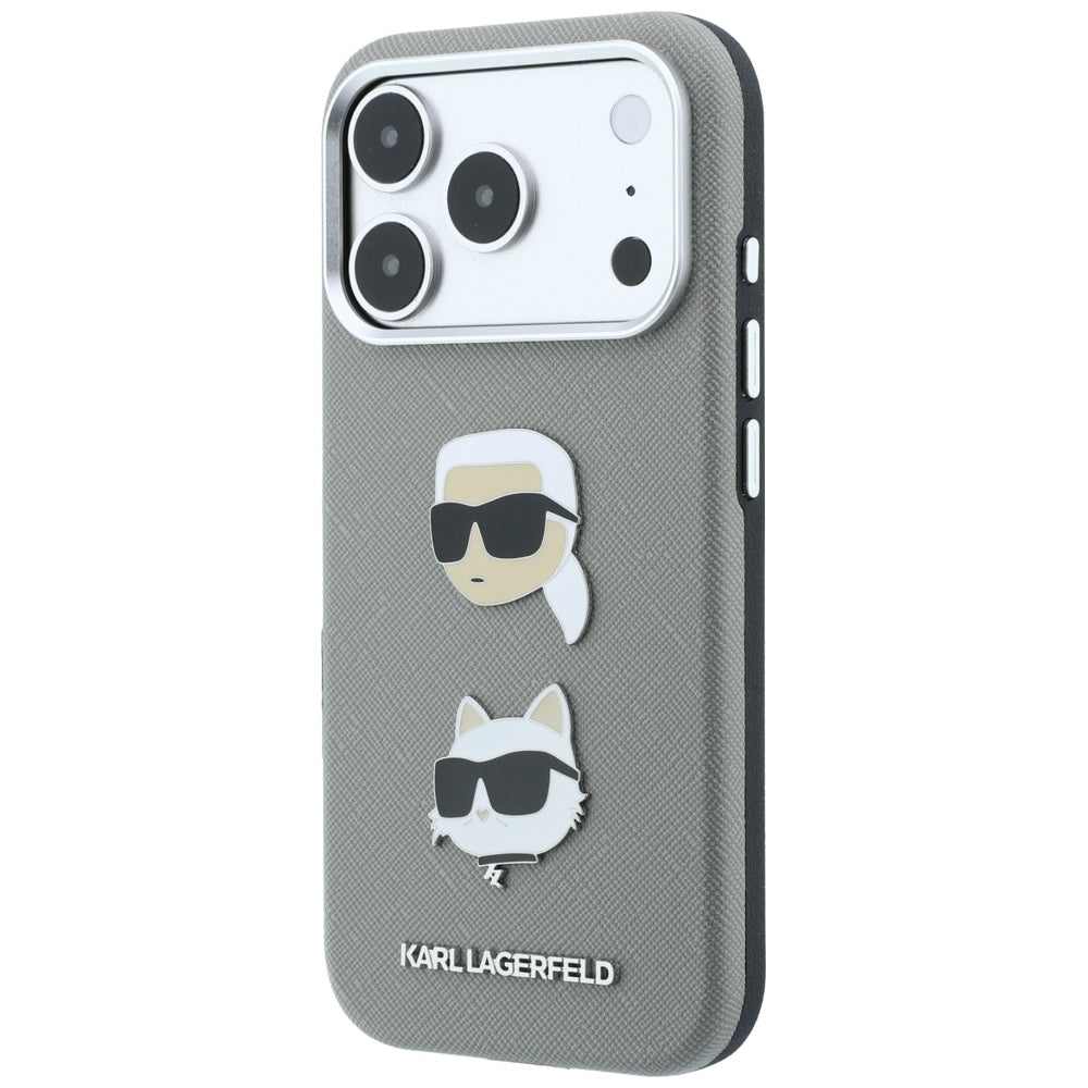 Θήκη για Apple iPhone 18 Pro Max / 17 Pro Max, Karl Lagerfeld, Saffiano με καρφίτσα κεφαλής Karl & Choupette και λογότυπο, Γκρι