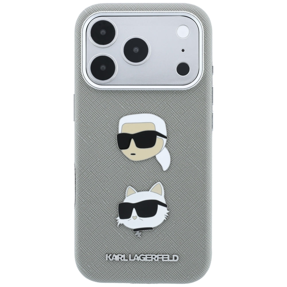 Θήκη για Apple iPhone 18 Pro Max / 17 Pro Max, Karl Lagerfeld, Saffiano με καρφίτσα κεφαλής Karl & Choupette και λογότυπο, Γκρι