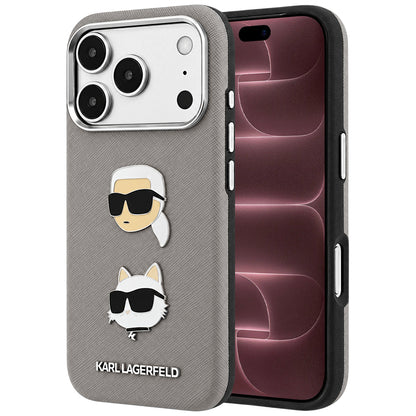 Θήκη για Apple iPhone 18 Pro Max / 17 Pro Max, Karl Lagerfeld, Saffiano με καρφίτσα κεφαλής Karl & Choupette και λογότυπο, Γκρι