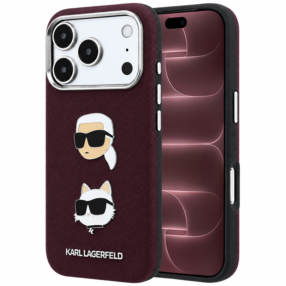 Θήκη για Apple iPhone 18 Pro Max / 17 Pro Max, Karl Lagerfeld, Saffiano με καρφίτσα κεφαλής Karl & Choupette και λογότυπο, Βυσσινί