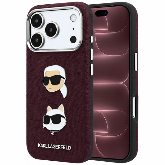 Θήκη για Apple iPhone 18 Pro Max / 17 Pro Max, Karl Lagerfeld, Saffiano με καρφίτσα κεφαλής Karl & Choupette και λογότυπο, Βυσσινί