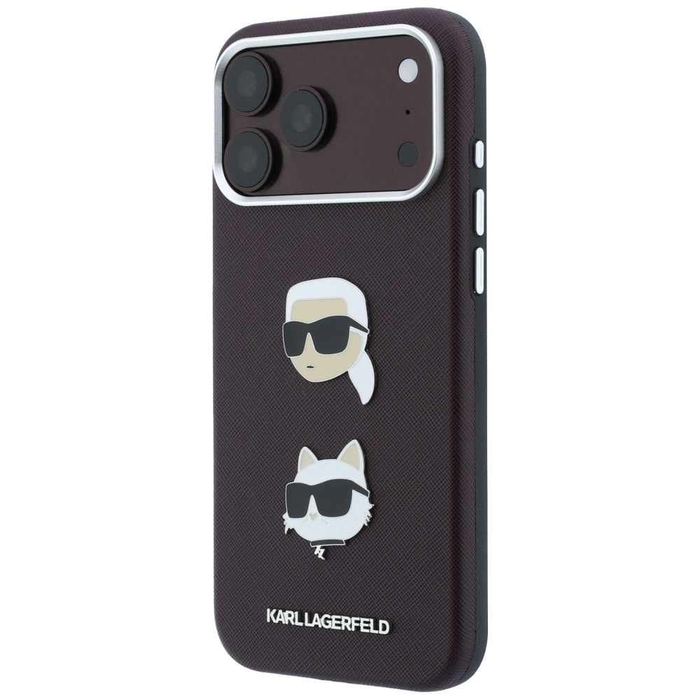 Θήκη για Apple iPhone 18 Pro Max / 17 Pro Max, Karl Lagerfeld, Saffiano με καρφίτσα κεφαλής Karl & Choupette και λογότυπο, Βυσσινί