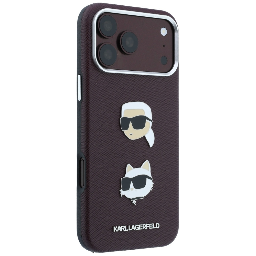 Θήκη για Apple iPhone 18 Pro Max / 17 Pro Max, Karl Lagerfeld, Saffiano με καρφίτσα κεφαλής Karl & Choupette και λογότυπο, Βυσσινί