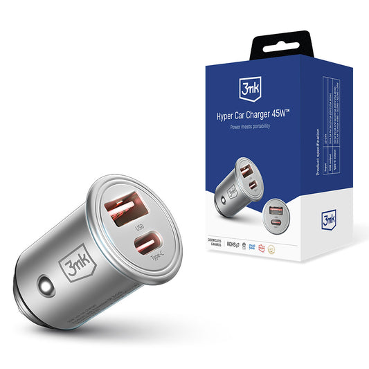 Φορτιστής αυτοκινήτου 3MK Hyper, 45W, 3A, 1 x USB-A - 1 x USB-C, Ασημί 