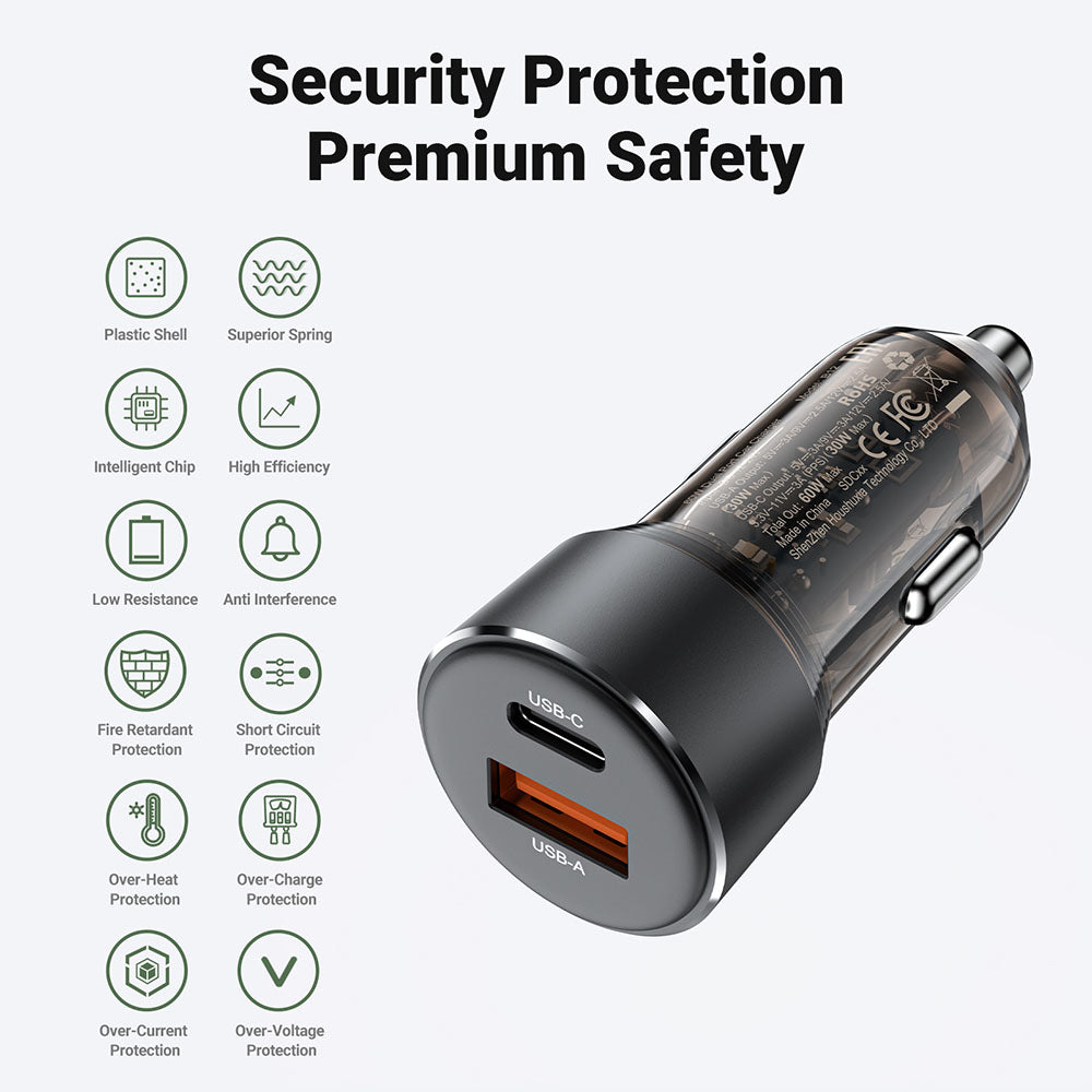 Φορτιστής Αυτοκινήτου Acefast B12, 60W, 3A, 1 x USB-A - 1 x USB-C, Μαύρο