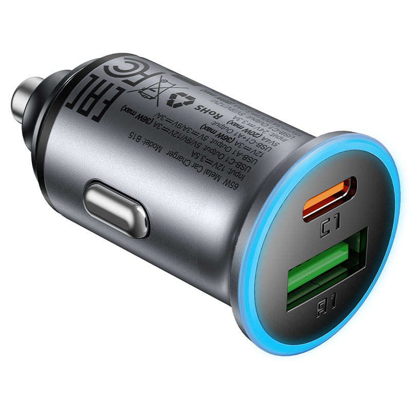 Acefast B15 Car Charger, 65W, 3.25A, 1 X USB-A - 1 x USB-C, Gray
