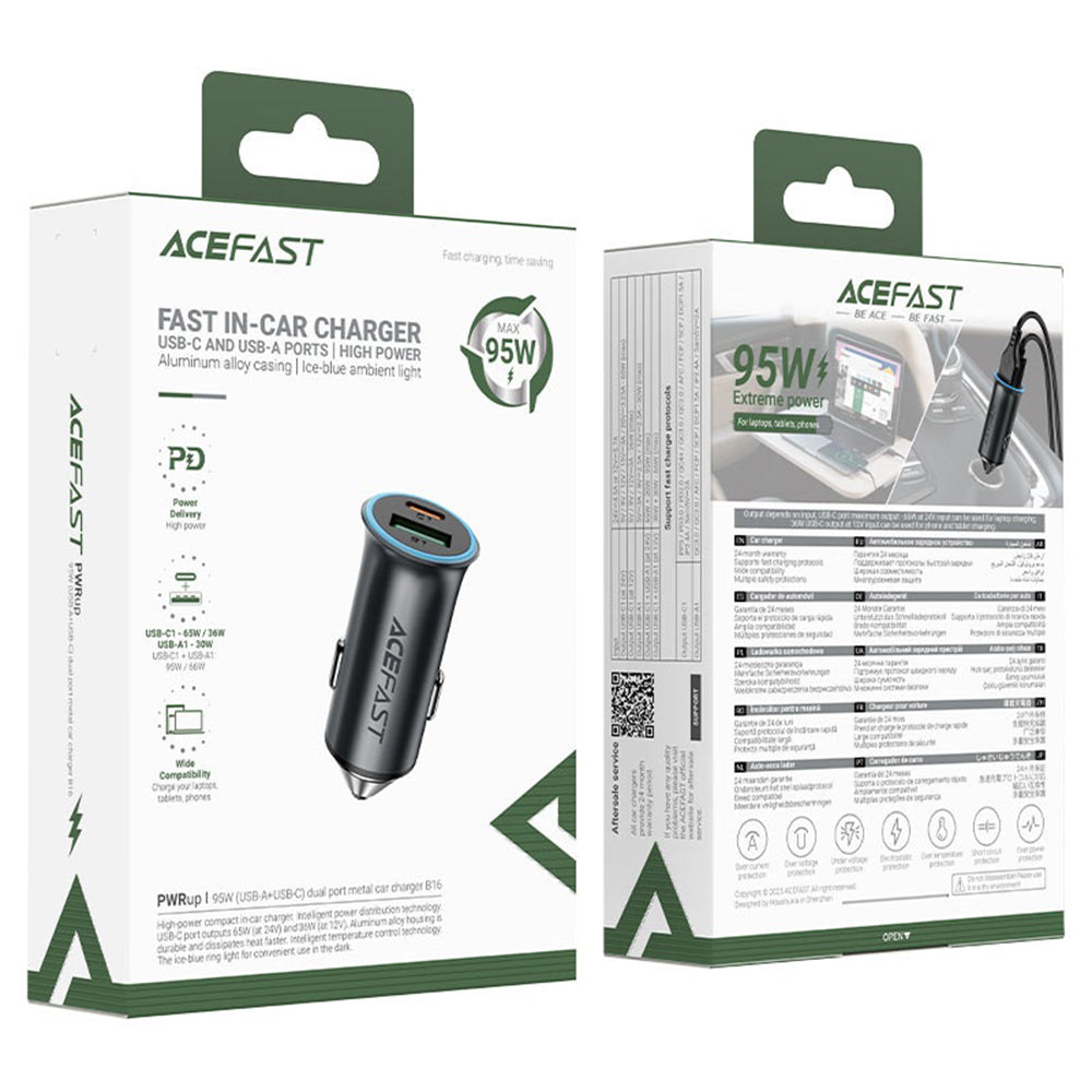 Φορτιστής Αυτοκινήτου Acefast B16, 95W, 3.25A, 1 x USB-A - 1 x USB-C, Γκρι