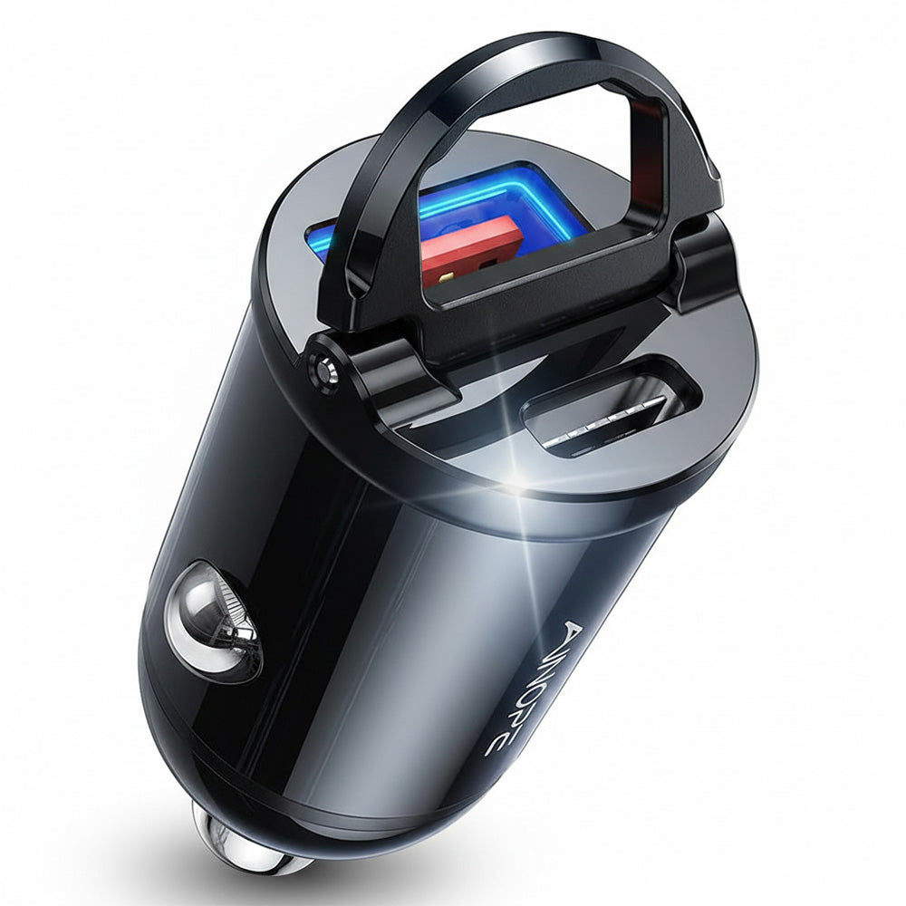 Ainope Car Charger, 30W, 5A, 1 x USB-A - 1 x USB-C, Black