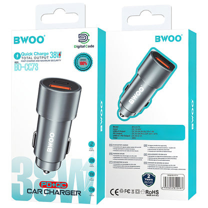 Φορτιστής αυτοκινήτου BWOO BO-CC73, 38W, 3A, 1 x USB-A - 1 x USB-C, Ασημί 