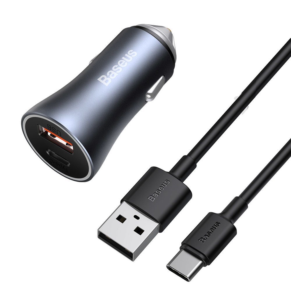 Φορτιστής αυτοκινήτου με καλώδιο USB-C Baseus Golden Contactor, 40W, 5A, 1 x USB-A - 1 x USB-C, γκρι TZCCJJD-0G