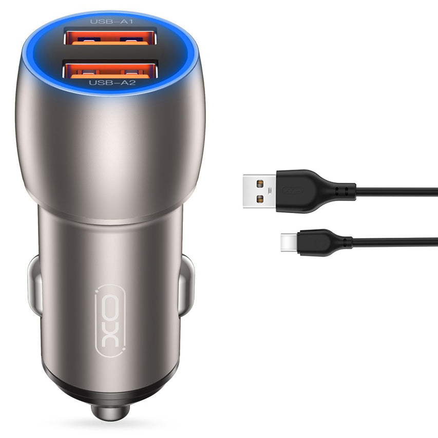 Φορτιστής αυτοκινήτου με καλώδιο USB-C XO Design CC52, 36W, 3A, 2 x USB-A, γκρι 