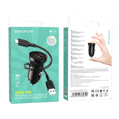 Φορτιστής Αυτοκινήτου με Καλώδιο microUSB Borofone BZ18, 18W, 3A, 1 x USB-A, Μαύρο