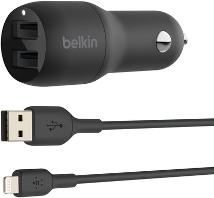 Φορτιστής Αυτοκινήτου με Καλώδιο Lightning Belkin BoostCharge Dual, 24W, 2.4A, 2 x USB-A, Μαύρο CCD001bt1MBK