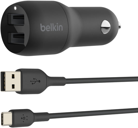 Φορτιστής Αυτοκινήτου με Καλώδιο USB-C Belkin BoostCharge Dual, 24W, 2.4A, 2 x USB-A, Μαύρο CCE001bt1MBK
