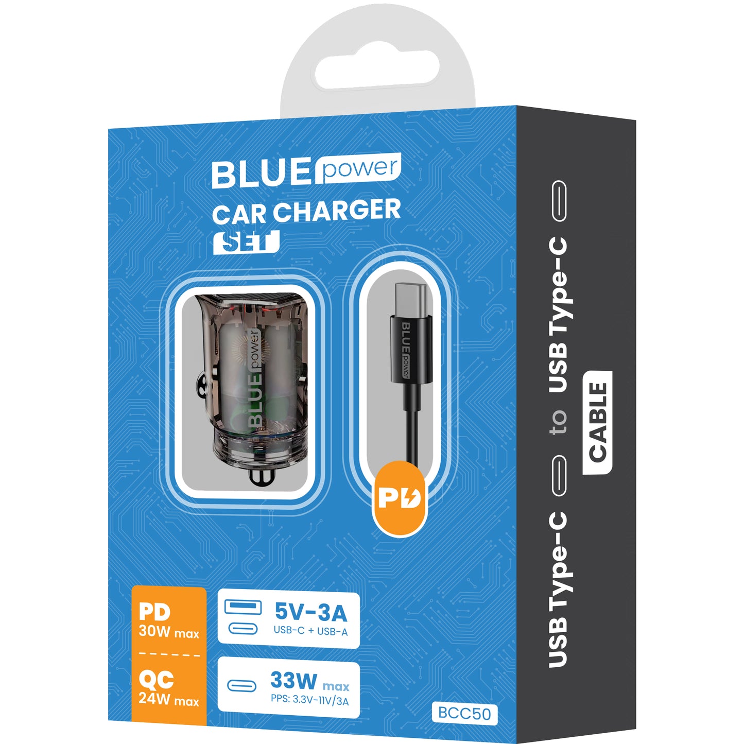 Φορτιστής αυτοκινήτου με καλώδιο USB-C BLUE Power BCC50, 33W, 3A, 1 x USB-A - 1 x USB-C, Μαύρο