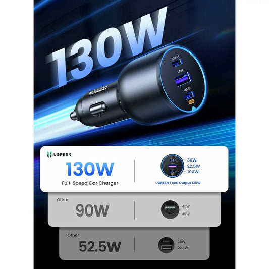 Φορτιστής αυτοκινήτου με καλώδιο USB-C UGREEN CD293, 130W, 5A, 1 x USB-A - 2 x USB-C, Μαύρο
