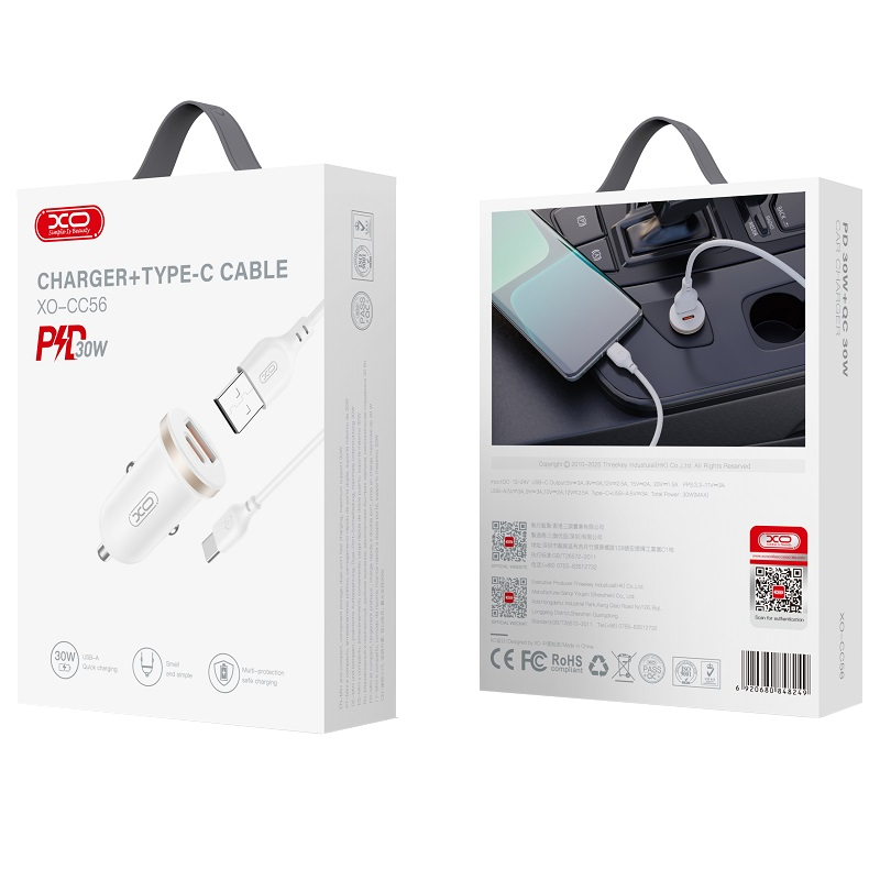 Car Charger with USB-C Cable XO Design CC56, 30W, 3A, 1 x USB-A - 1 x USB-C, White