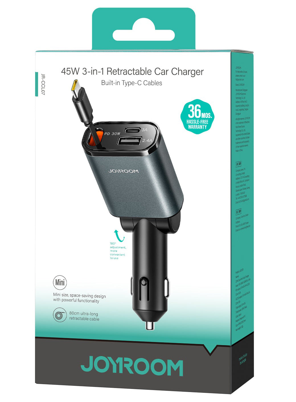 Φορτιστής Αυτοκινήτου με Καλώδιο USB-C Joyroom JR-CCL07, 30W, 3A, 1 x USB-A - 1 x USB-C, Γκρι