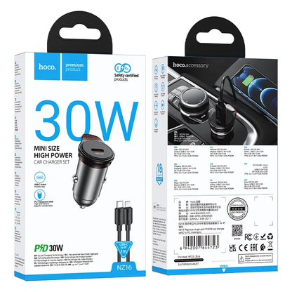 Φορτιστής Αυτοκινήτου με Καλώδιο Lightning HOCO NZ16, 30W, 3A, 1 x USB-C, Γκρι