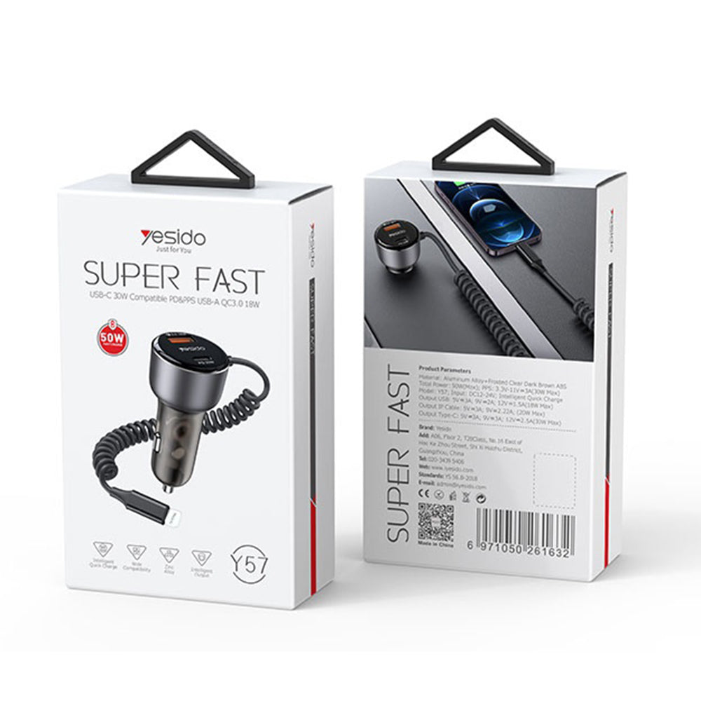 Φορτιστής Αυτοκινήτου με Καλώδιο Lightning Yesido Y57, 50W, 3A, 1 x USB-A - 1 x USB-C, Μαύρο