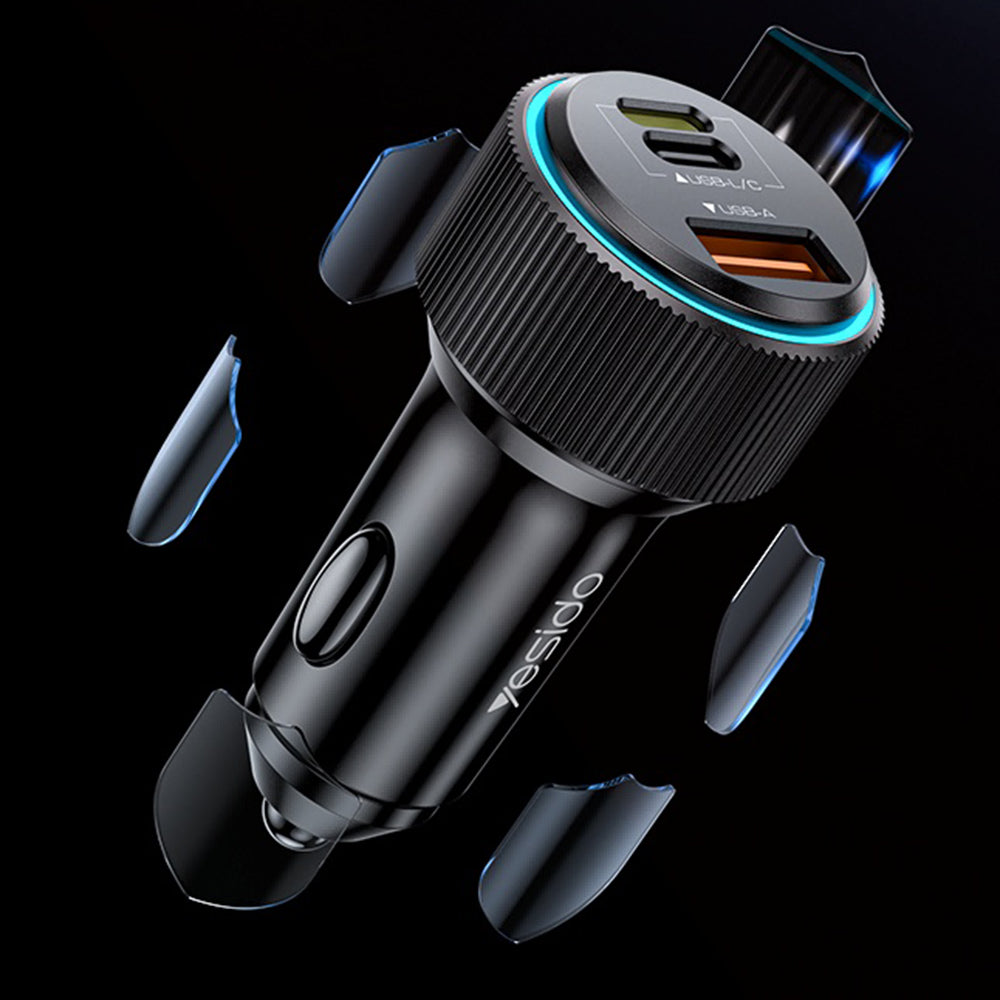 Φορτιστής Αυτοκινήτου με Καλώδιο Lightning Yesido Y60, 38W, 3A, 1 x USB-A - 2 x USB-C, Μαύρο