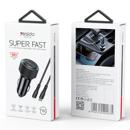 Φορτιστής Αυτοκινήτου με Καλώδιο Lightning Yesido Y60, 38W, 3A, 1 x USB-A - 2 x USB-C, Μαύρο