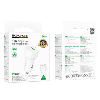 Φορτιστής Αυτοκινήτου με Καλώδιο USB-C Borofone BZ34 Cloud, 18W, 3A, 1 x USB-A, Λευκό