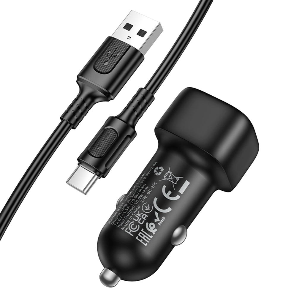 Φορτιστής Αυτοκινήτου με Καλώδιο USB-C Borofone BZ34 Cloud, 18W, 3A, 1 x USB-A, Μαύρο