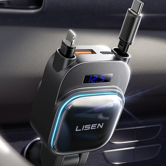 Car Charger with USB-C / Lightning Lisen Display, 96W, 3A, 1 x USB-A - 1 x USB-C, Black YL0224080017