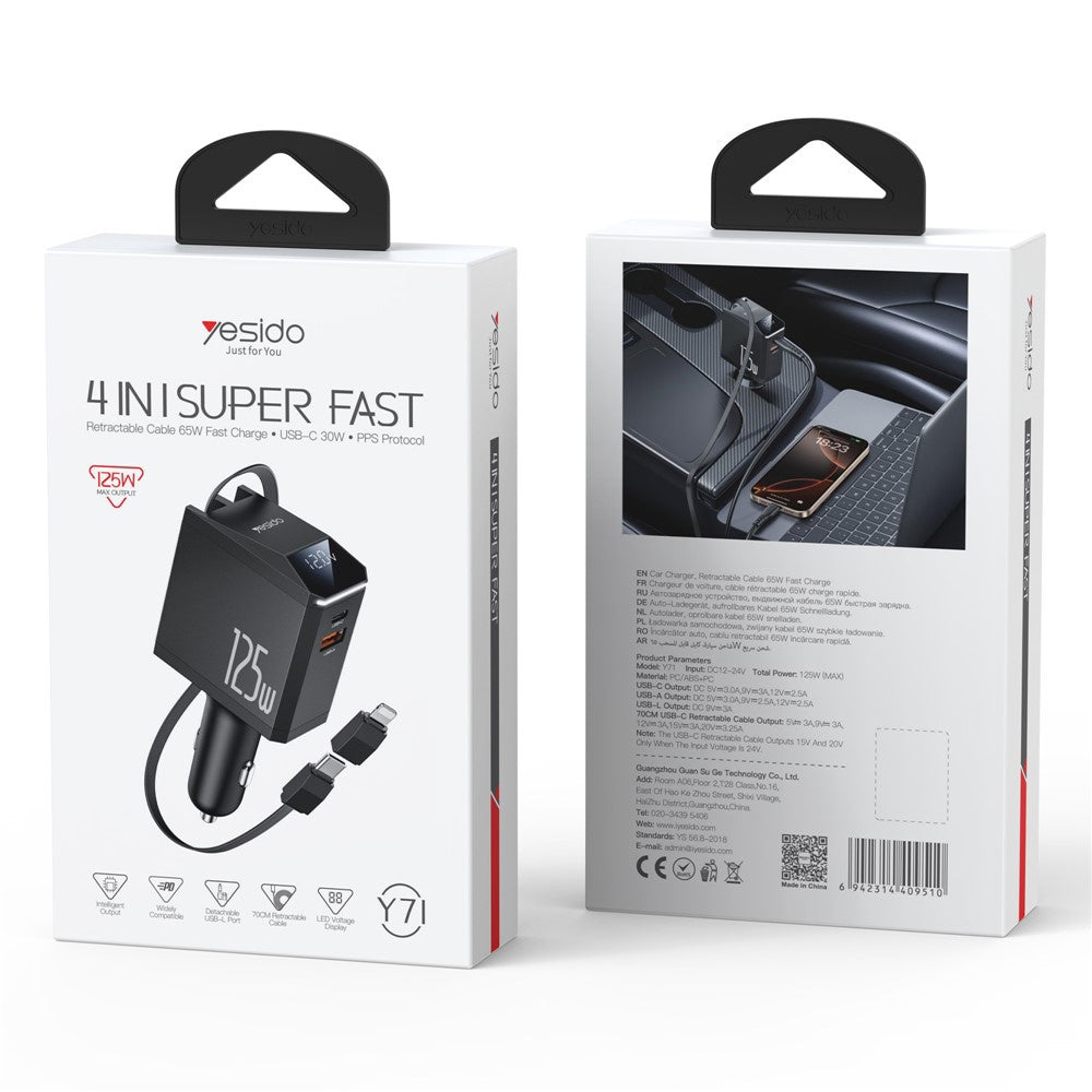 Φορτιστής Αυτοκινήτου με Καλώδιο USB-C / Lightning Yesido Y71 Display, 125W, 3A, 1 x USB-A - 1 x USB-C, Μαύρο
