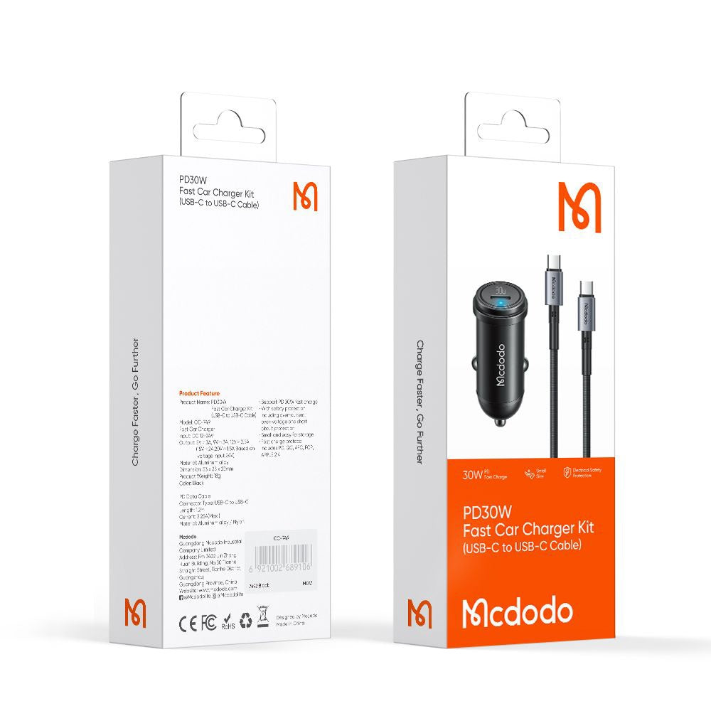 McDodo CC-7493 Obsidian Car Charger with USB-C Cable, 30W, 3A, 1 x USB-C, Black