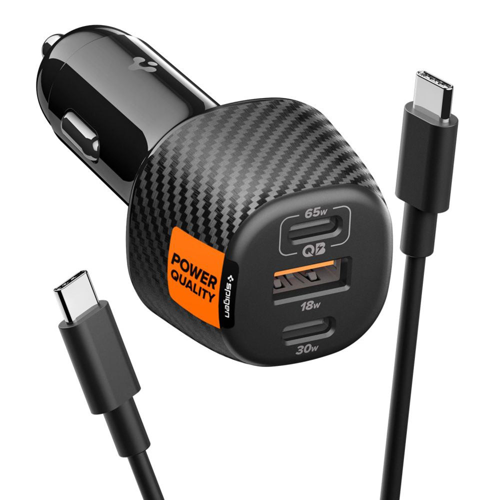 Spigen EV1133 Car Charger with USB-C Cable, 113W, 3.25A, 1 x USB-A - 2 x USB-C, Black
