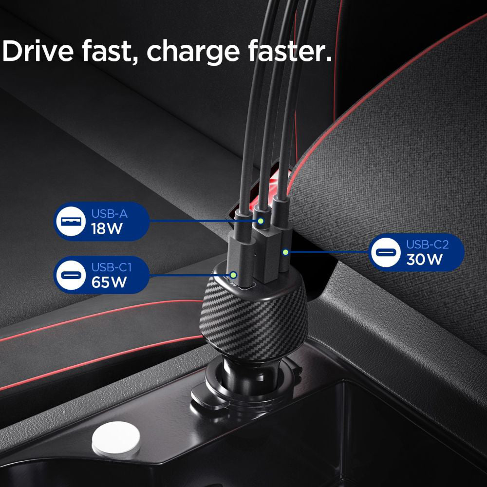 Spigen EV1133 Car Charger with USB-C Cable, 113W, 3.25A, 1 x USB-A - 2 x USB-C, Black