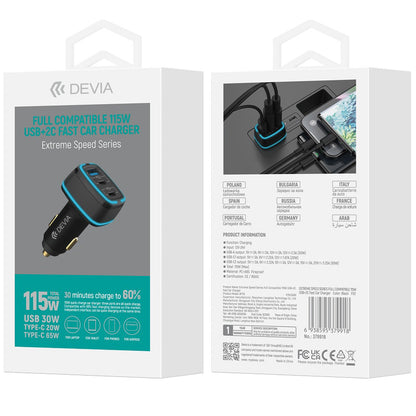 Φορτιστής αυτοκινήτου DEVIA Extreme, 115W, 3A, 1 x USB-A - 2 x USB-C, Μαύρο 