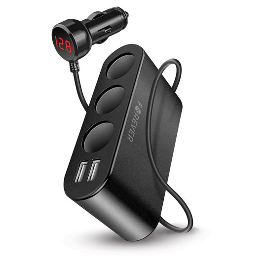 Φορτιστής αυτοκινήτου Forever MultiPort, 12W, 2.4A, 2 x USB-A - 3 x Επέκταση αναπτήρα τσιγάρων, Μαύρο 