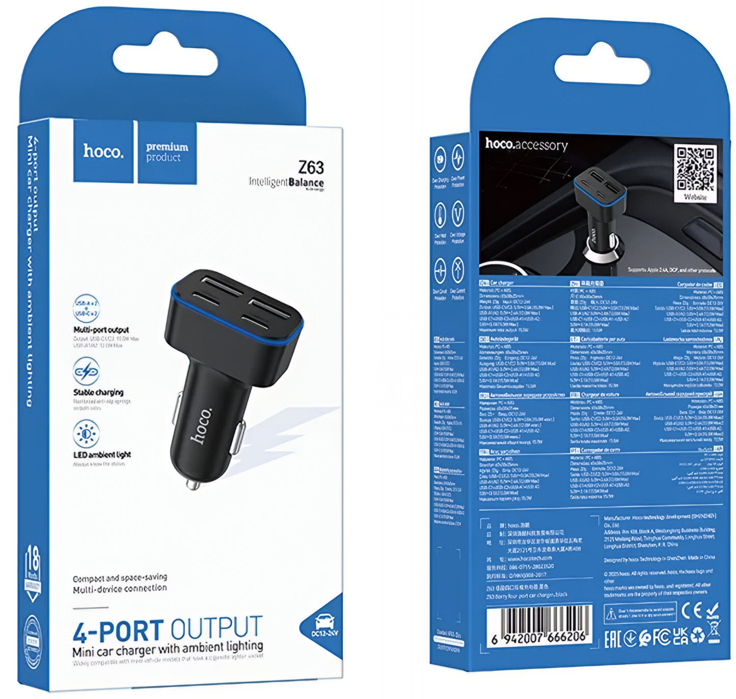 Φορτιστής Αυτοκινήτου HOCO Z63, 42W, 3A, 2 x USB-A - 2 x USB-C, Μαύρο